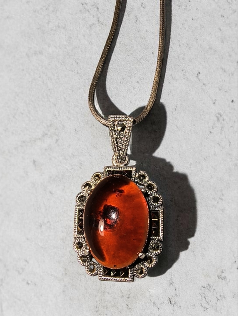 Vintage Amber, Marcasite And Sterling Silver Art Deco Pendant Necklace